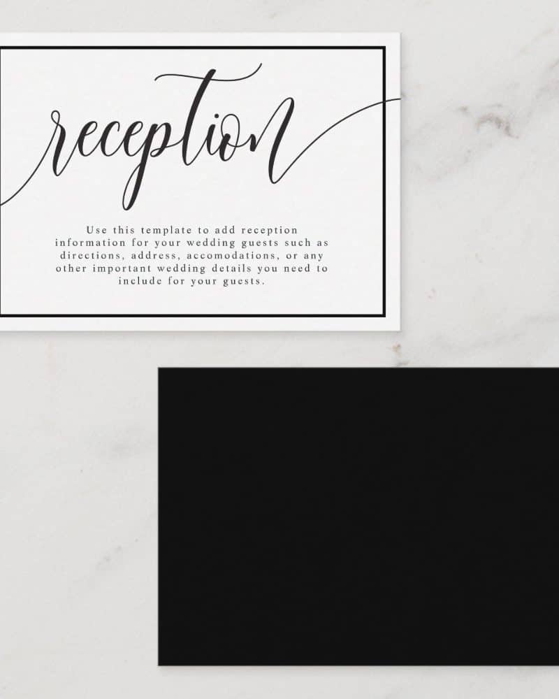 Wedding reception information card template with black text on a white background, and a solid black rectangle below.