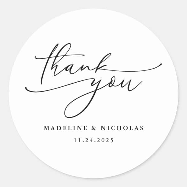 Black And White Calligraphy Wedding Thank You Classic Round Sticker