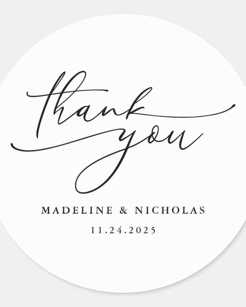 Black And White Calligraphy Wedding Thank You Classic Round Sticker
