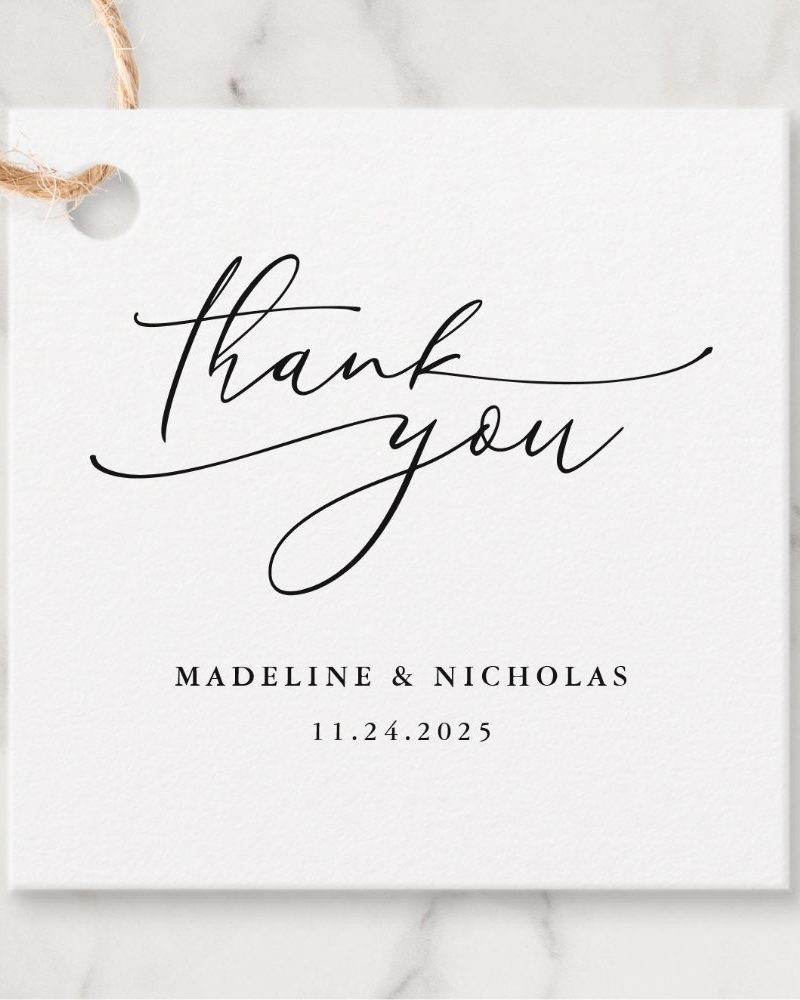 White square thank you tag with elegant script lettering and the date November 24, 2025.