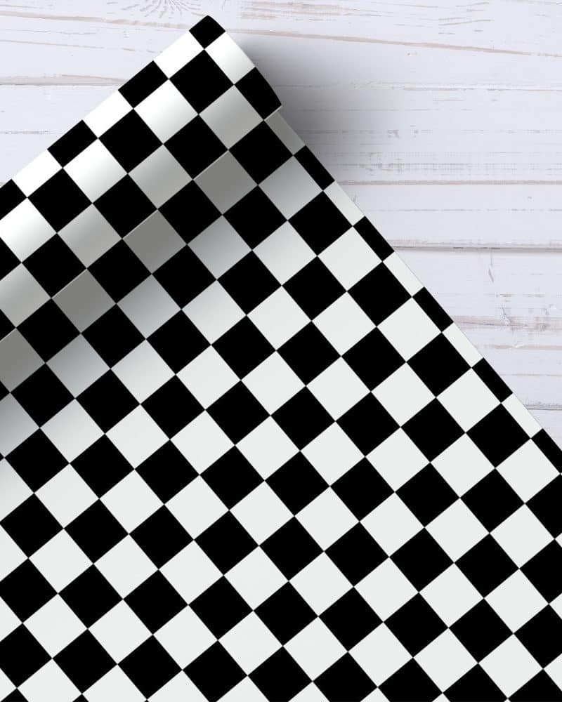 Black and white checkered wrapping paper roll.