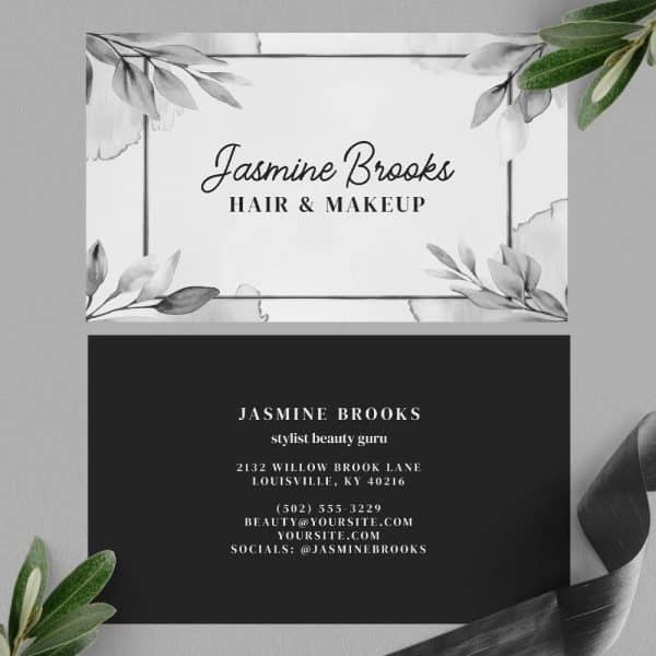Black And White Business Card For Hair And Makeup Stylist Jasmine Brooks.