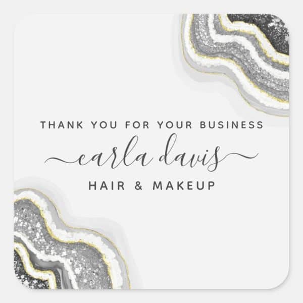 Thank You For Your Business Card Featuring Carla Davis Hair &Amp; Makeup, With A Gray And Gold Agate Design.