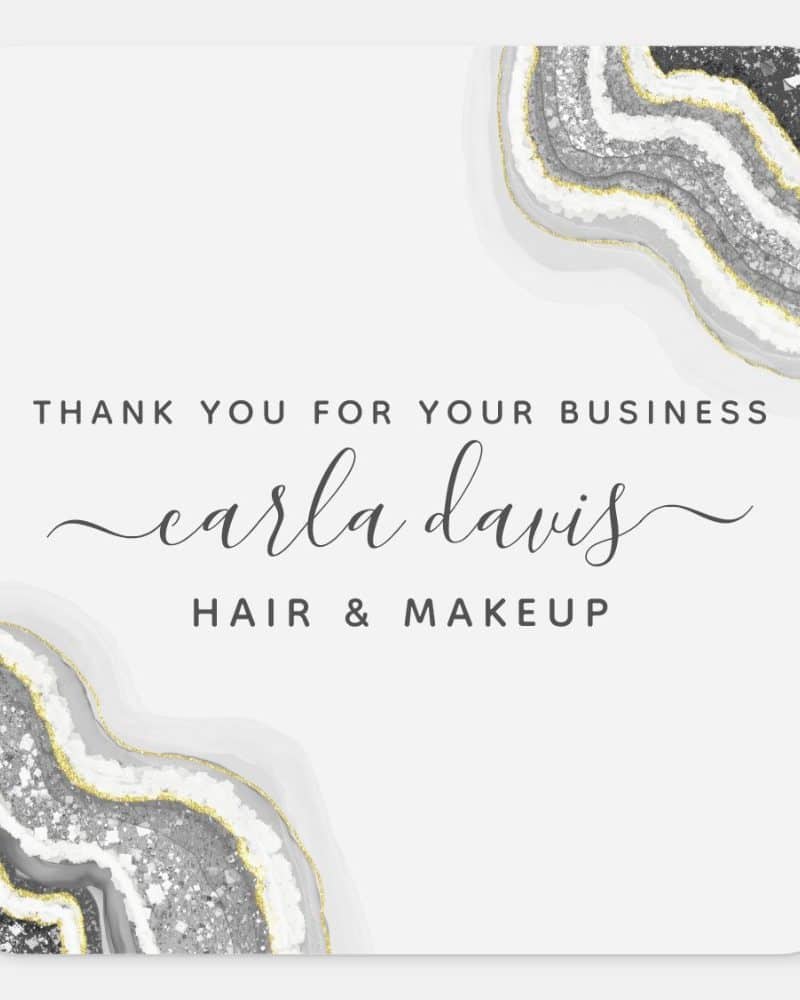 Thank you for your business card featuring Carla Davis Hair & Makeup, with a gray and gold agate design.