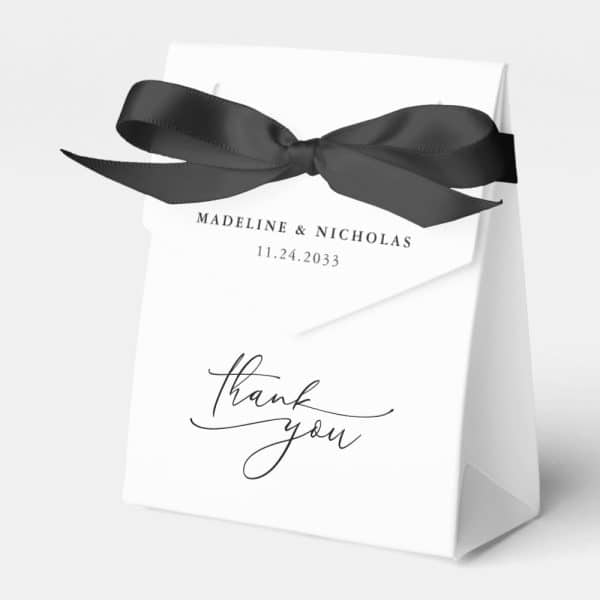 White Thank You Gift Bag With Black Ribbon And Madeline &Amp; Nicholas Wedding Date.