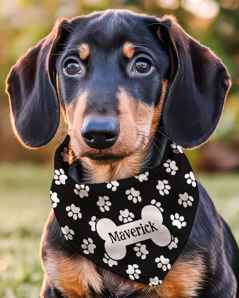 A dachshund puppy wearing a black bandana with white paw prints and its name, Maverick, on a bone-shaped design.