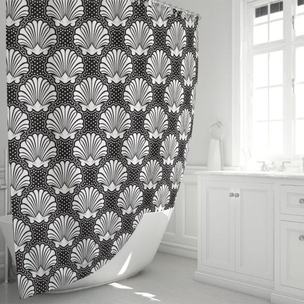 Black And White Shower Curtain With A Repeating Seashell Pattern.