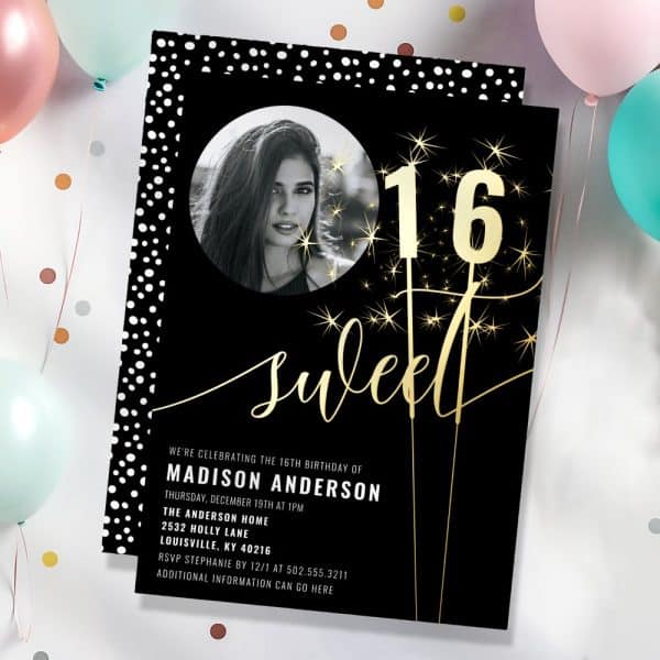 Black And Gold Sixteen Birthday Invitation With A Photo Of The Birthday Girl.