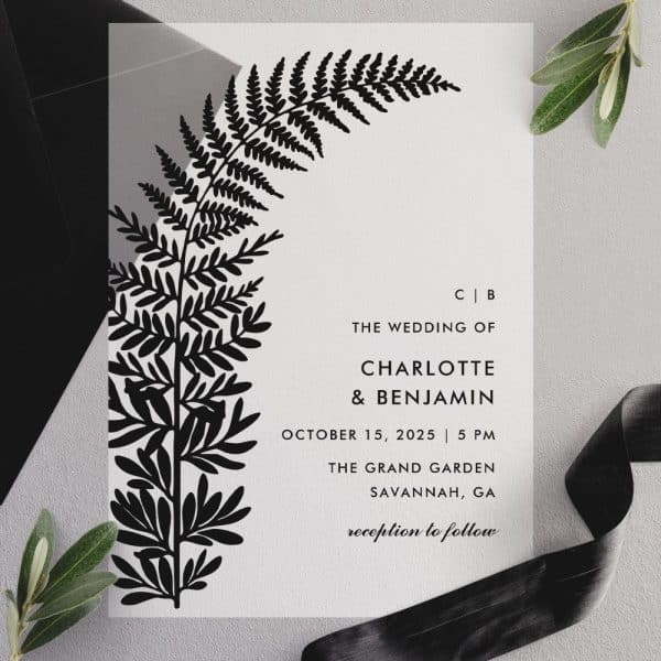 Wedding Invitation Featuring A Black Fern Illustration And The Couple'S Names And Wedding Details.
