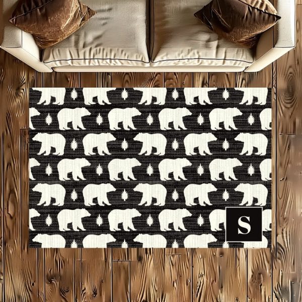 Black And White Rug With A Repeating Pattern Of Bears And Stars. The Rug Has A Letter S In The Bottom Right Corner.