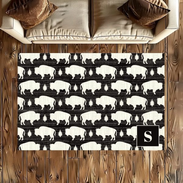Black And White Area Rug With A Repeating Pattern Of Bison Silhouettes And Stars. A Monogrammed Letter S Is In The Bottom Right Corner.