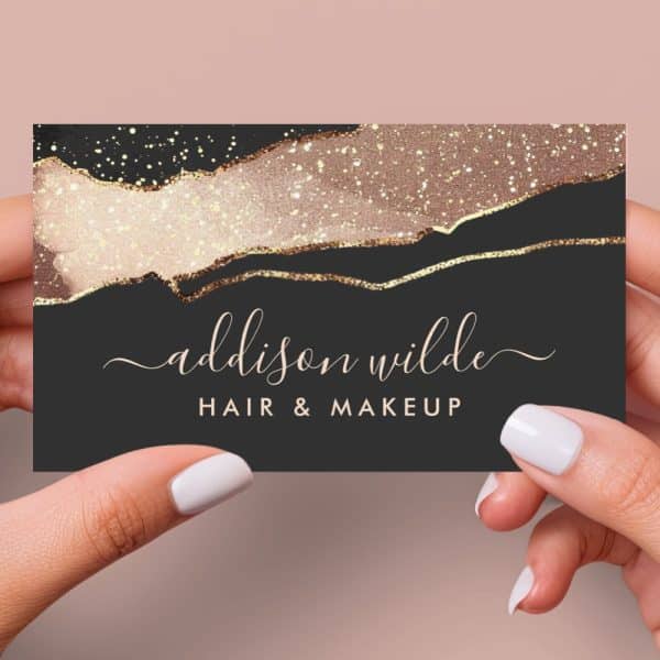 A Dark Business Card With Rose Gold Glitter And A Gold Line Design, Showcasing Addison Wilde Hair &Amp; Makeup.