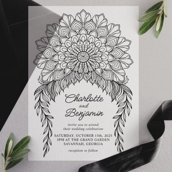 Wedding Invitation Featuring A Large, Ornate Mandala Design.