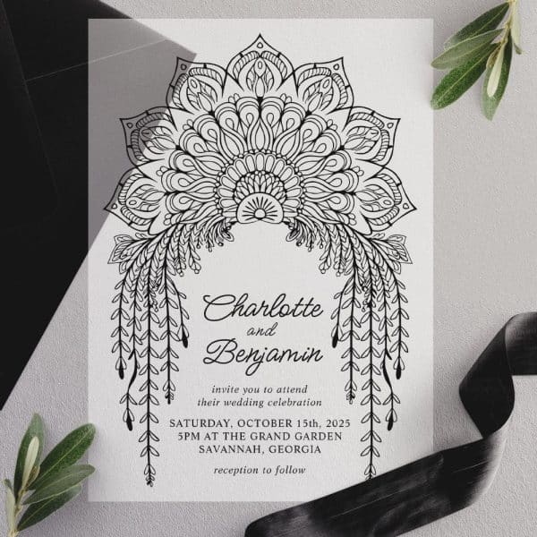 Wedding Invitation With Ornate Mandala Design And Flowing Floral Accents. Charlotte And Benjamin'S Names Are Prominently Displayed.