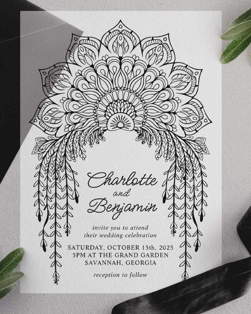 Wedding invitation with ornate mandala design and flowing floral accents. Charlotte and Benjamin's names are prominently displayed.