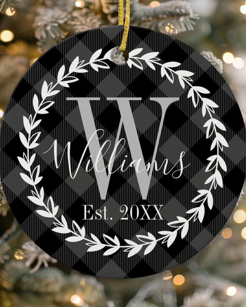 Black and white checkered Christmas ornament with a large W, the last name Williams, and established year.