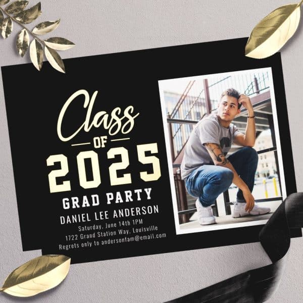 Black Graduation Invitation For Daniel Lee Anderson, Class Of 2025. Includes A Photo Of The Graduate.