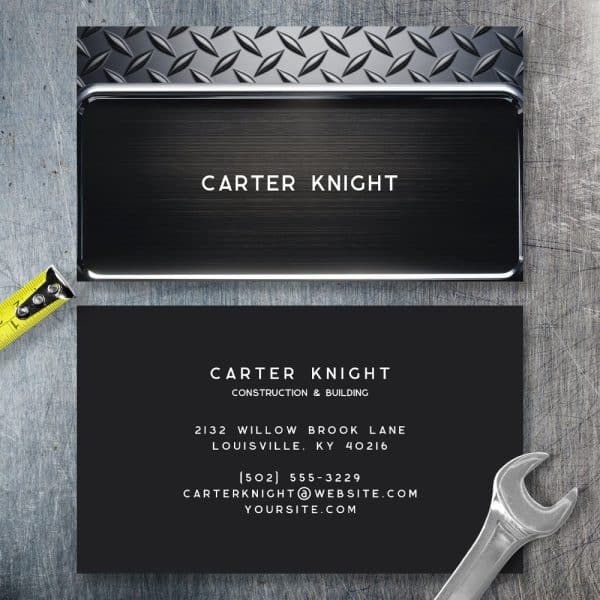 Two Business Cards For Carter Knight Construction &Amp; Building. The Top Card Features A Metallic Design; The Bottom Card Is Black With White Text.