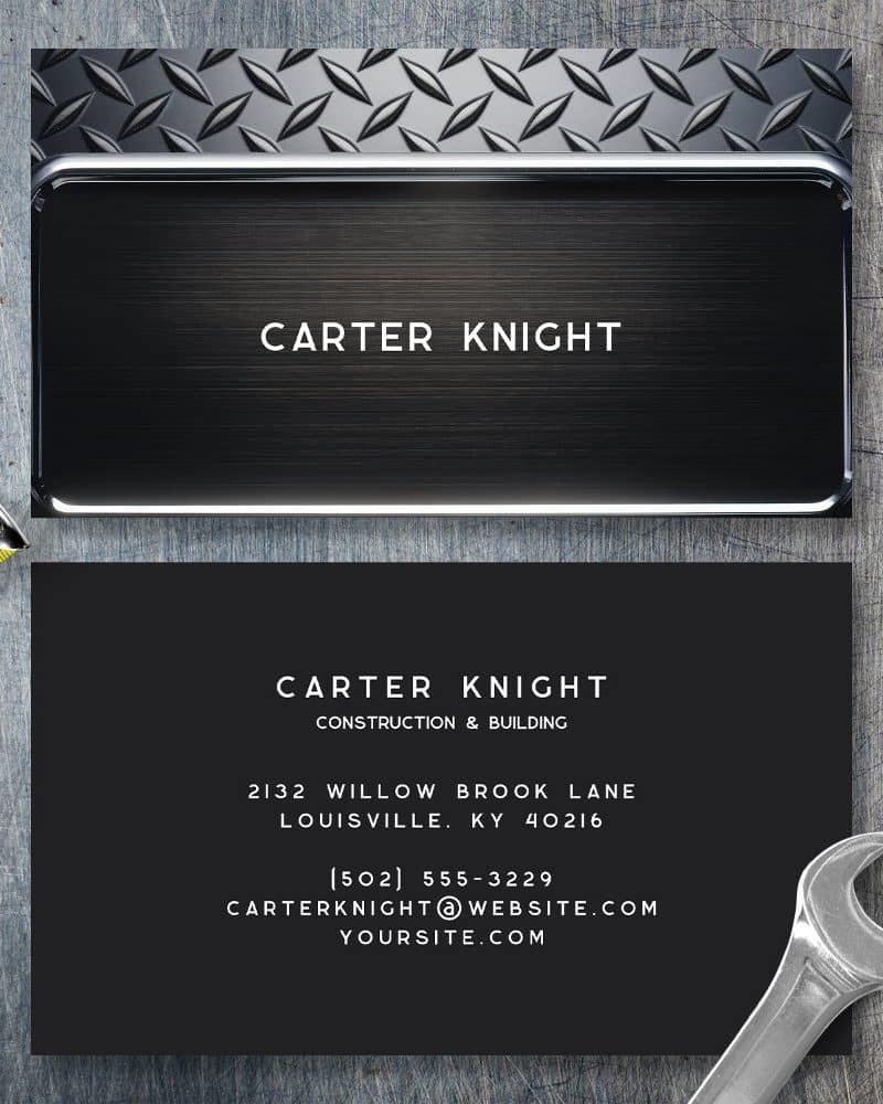 Two business cards for Carter Knight Construction & Building. The top card features a metallic design; the bottom card is black with white text.