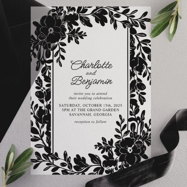 Black And White Wedding Invitation With Floral Border; Charlotte And Benjamin'S Names Are Prominently Displayed.