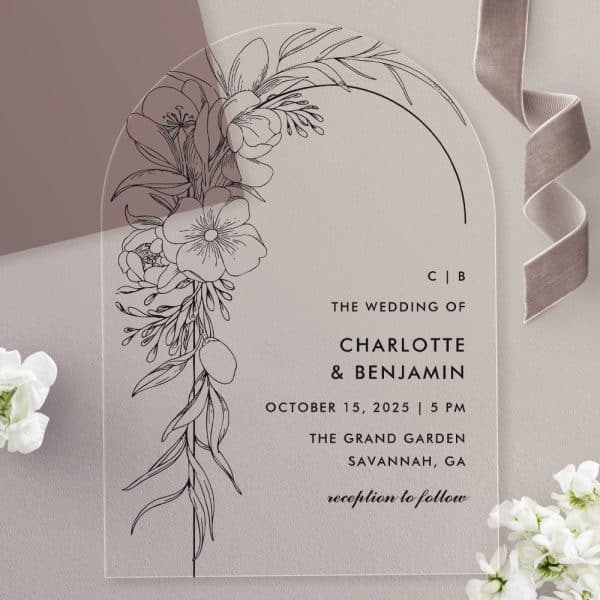 Arch-Shaped Clear Acrylic Wedding Invitation With Black Line Floral Design And Wedding Details For Charlotte And Benjamin.