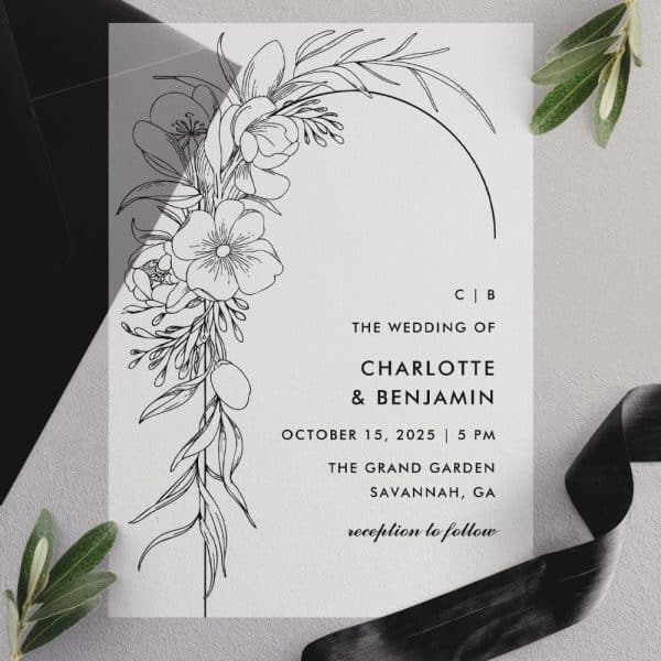 Wedding Invitation Featuring A Line Drawing Of A Floral Arrangement.