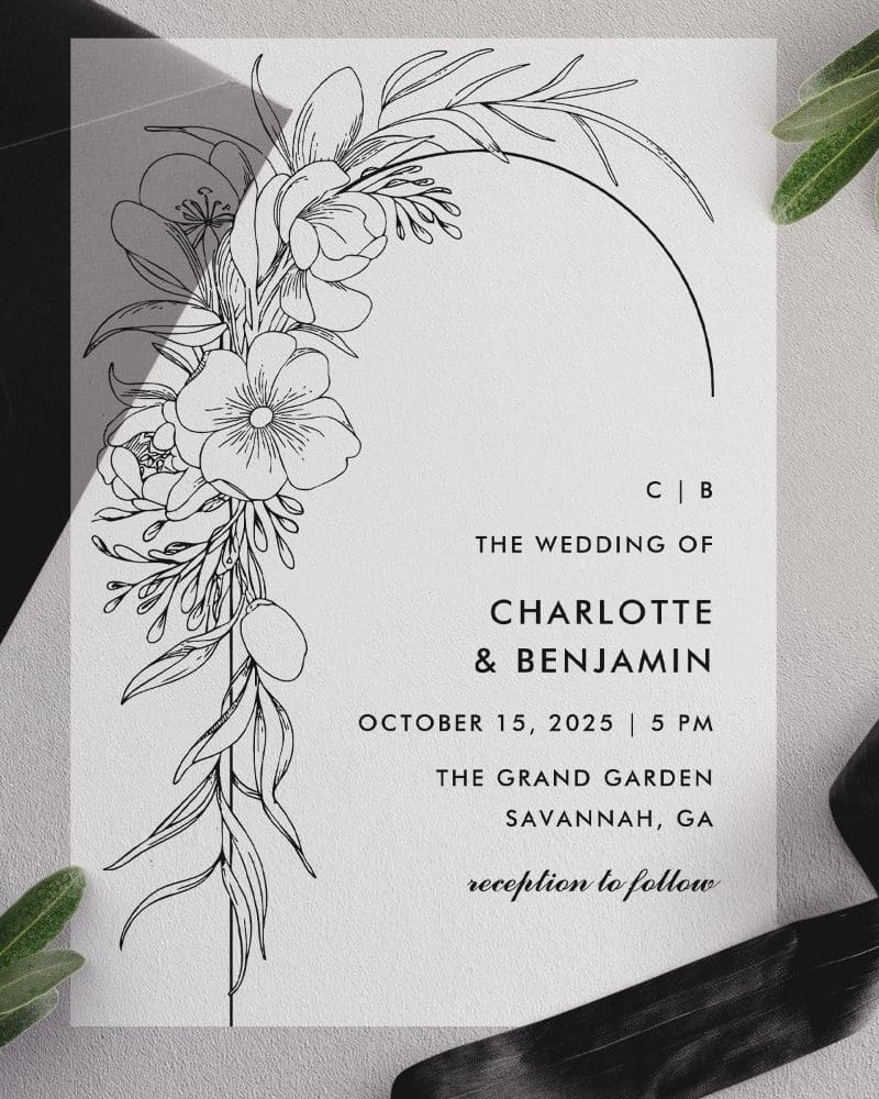 Wedding invitation featuring a line drawing of a floral arrangement.