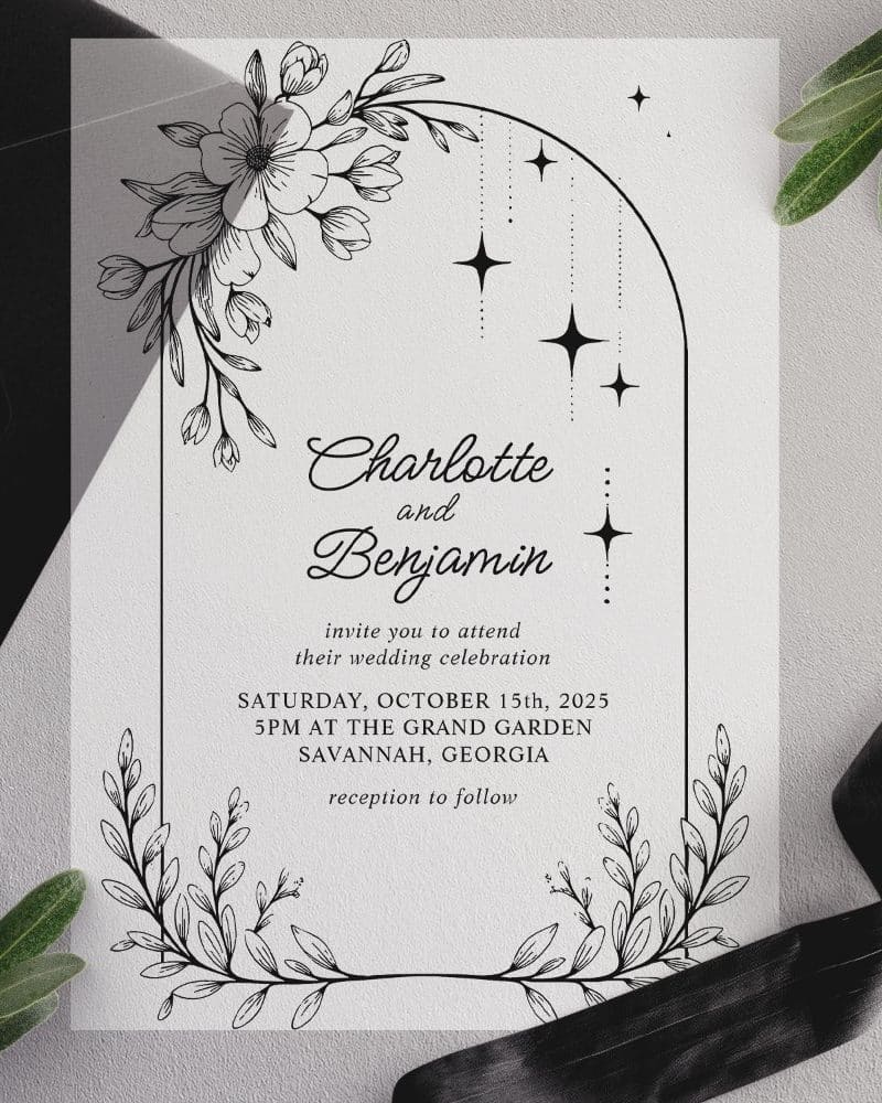 Wedding invitation for Charlotte and Benjamin, featuring floral and celestial design elements.
