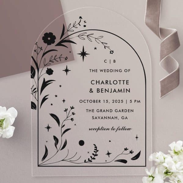 Arch-Shaped Clear Acrylic Wedding Invitation With Black Floral And Star Design, Announcing Charlotte And Benjamin'S Wedding.
