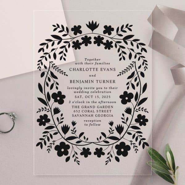 Wedding Invitation With Floral Border Featuring Charlotte Evans And Benjamin Turner'S Names And Wedding Details.