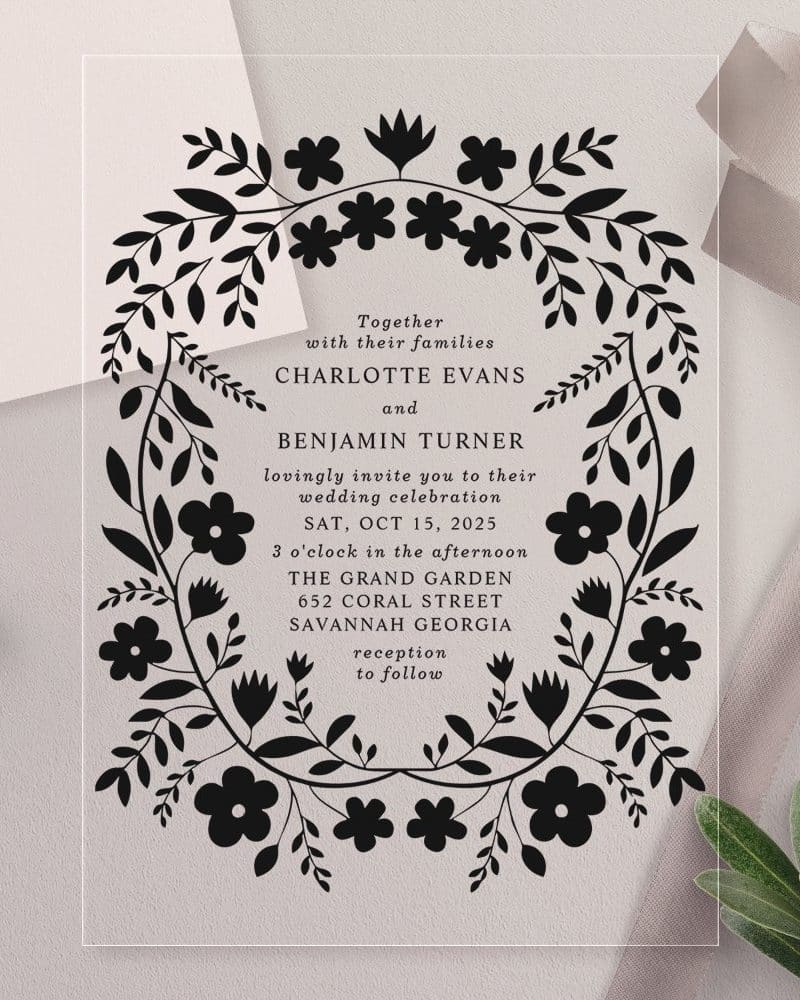 Wedding invitation with floral border featuring Charlotte Evans and Benjamin Turner's names and wedding details.