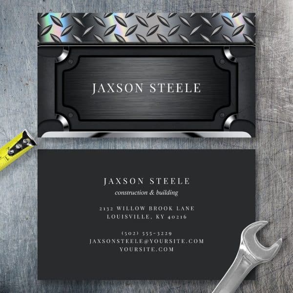 Business Card For Jaxson Steele, Construction And Building. The Card Features A Metallic Design.