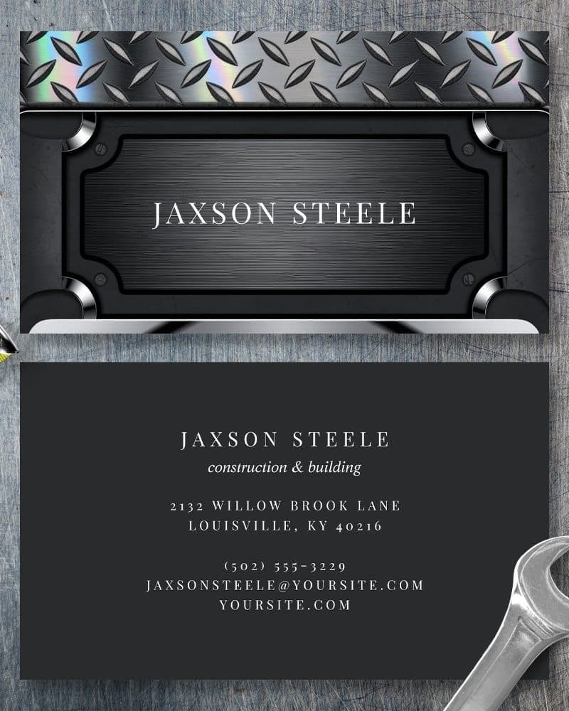 Business card for Jaxson Steele, construction and building. The card features a metallic design.