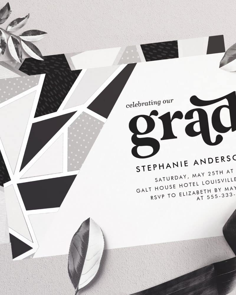 Graduation announcement for Stephanie Anderson, featuring a geometric black and white design.