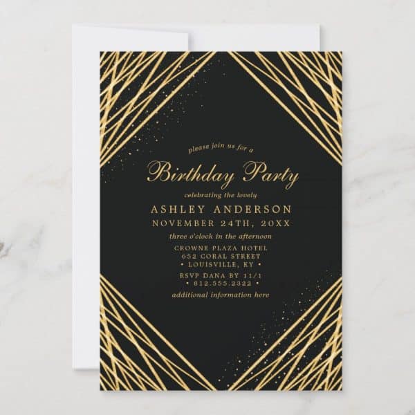Black And Gold Birthday Party Invitation With Geometric Design.