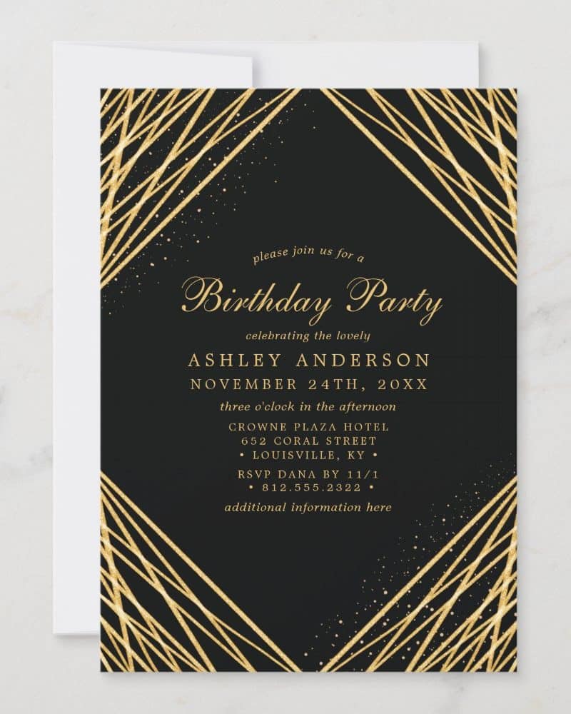 Black and gold birthday party invitation with geometric design.