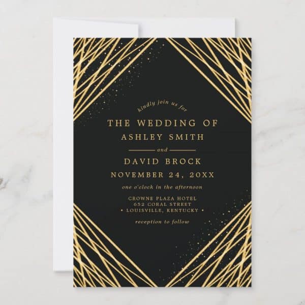 Black Wedding Invitation With Gold Geometric Design; Ashley Smith And David Brock'S Wedding Details.