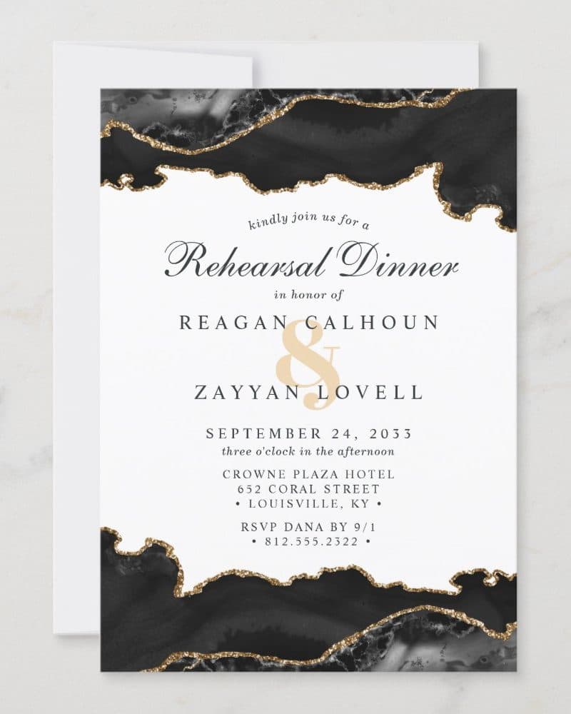 Black Gold Marble Agate Modern Rehearsal Dinner In Invitation