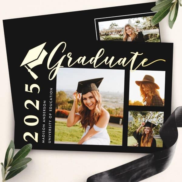 Graduation Announcement Featuring A Graduate In Cap And Gown, With Additional Photos And The Year 2025.