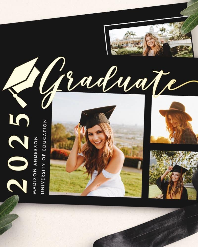 Graduation announcement featuring a graduate in cap and gown, with additional photos and the year 2025.
