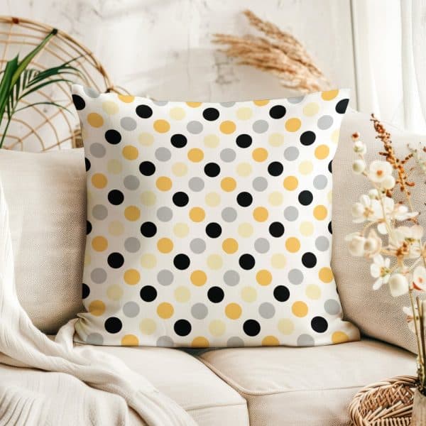 Square Throw Pillow With Black, Gold, And Gray Polka Dots On A White Background.