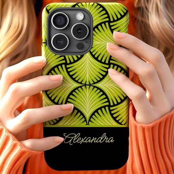 A Person Holds A Lime Green And Black Phone Case With The Name Alexandra On It.