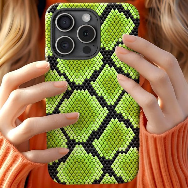 Close Up Of Hands Holding A Lime Green Snakeskin Iphone Case.