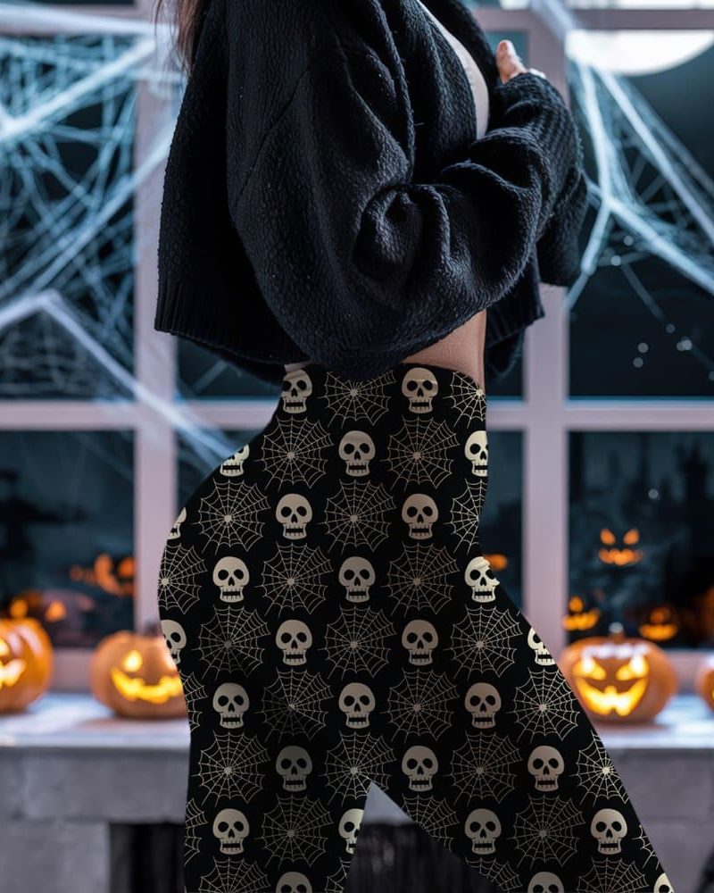 Close-up of a person's lower body wearing black leggings with a repeating pattern of gold skulls and spiderwebs.