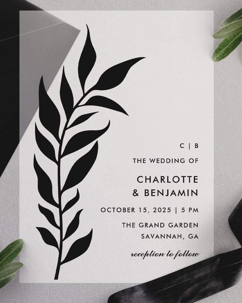 Wedding invitation with a black-and-white stylized floral design; Charlotte and Benjamin's names are prominently displayed.