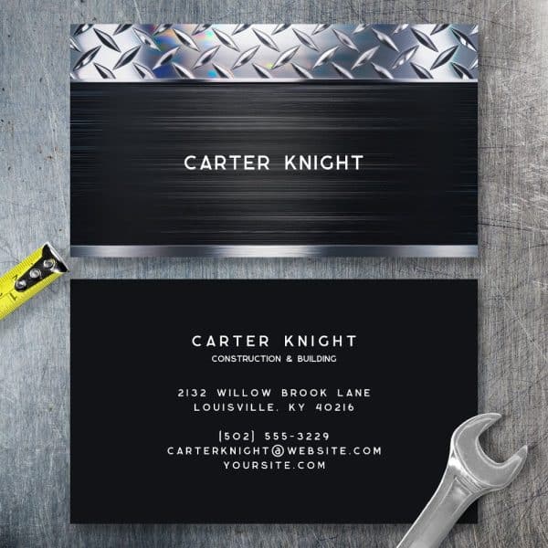 Black Business Card With Silver Accents, Displaying Carter Knight Construction &Amp; Building Contact Information.
