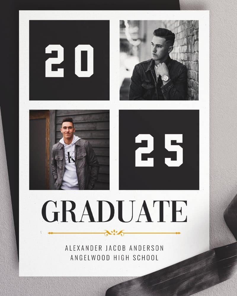 Graduation announcement featuring two photos of Alexander Jacob Anderson, Angelwood High School class of 2025.