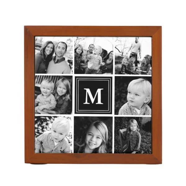 Brown Wooden Frame Holding A Black And White Collage Of Family Photos, Featuring A Central Monogram &Quot;M&Quot;.