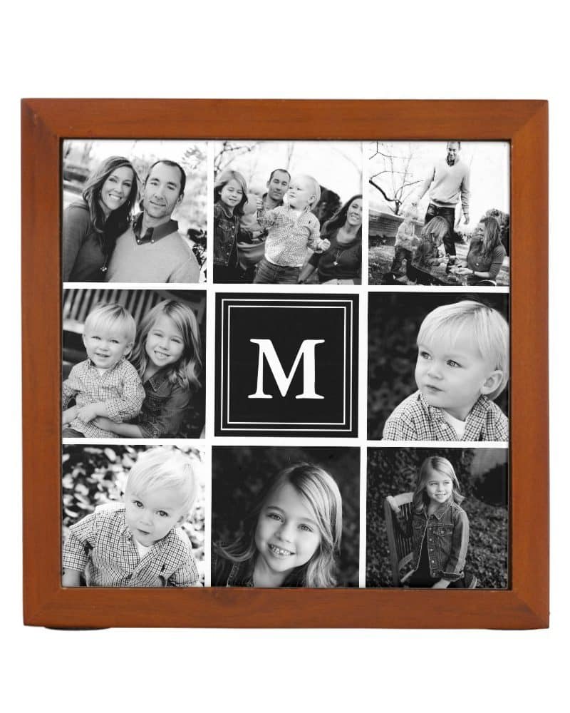 Brown wooden frame holding a black and white collage of family photos, featuring a central monogram "M".