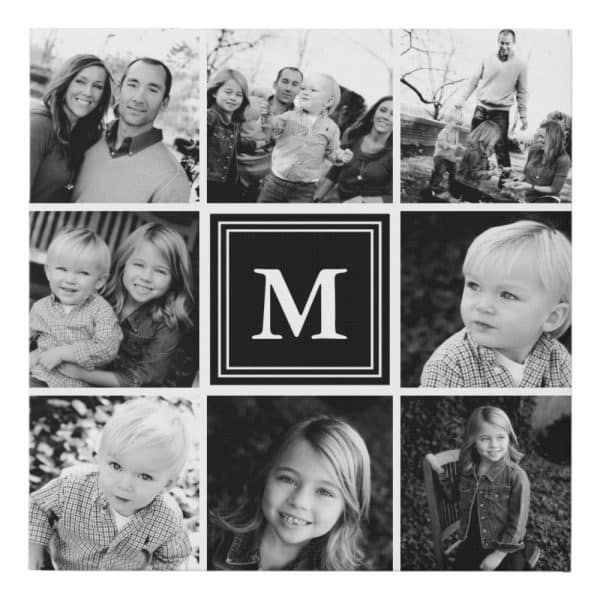 Black And White Photo Collage Featuring A Family Portrait And Individual Photos Of Children, With A Central Monogram &Quot;M&Quot;.